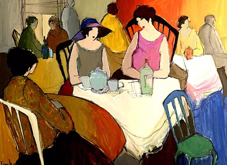 Itzchak Tarkay Portraiture Painting 3 Ladies At Cafe 1990 IT165